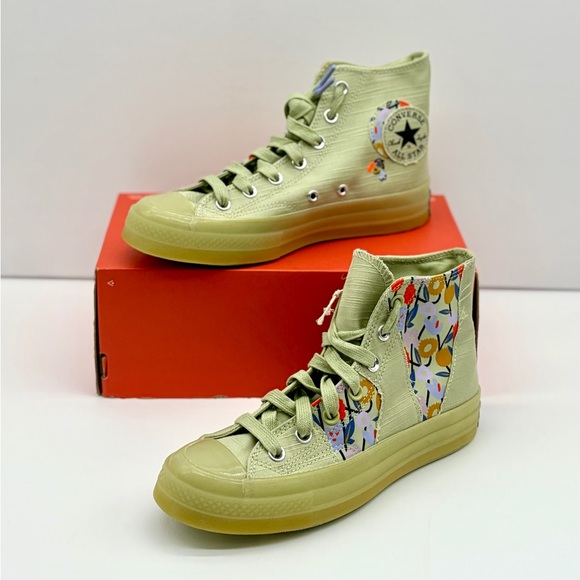 Converse High Top Sneakers in Light Green with Floral Panels